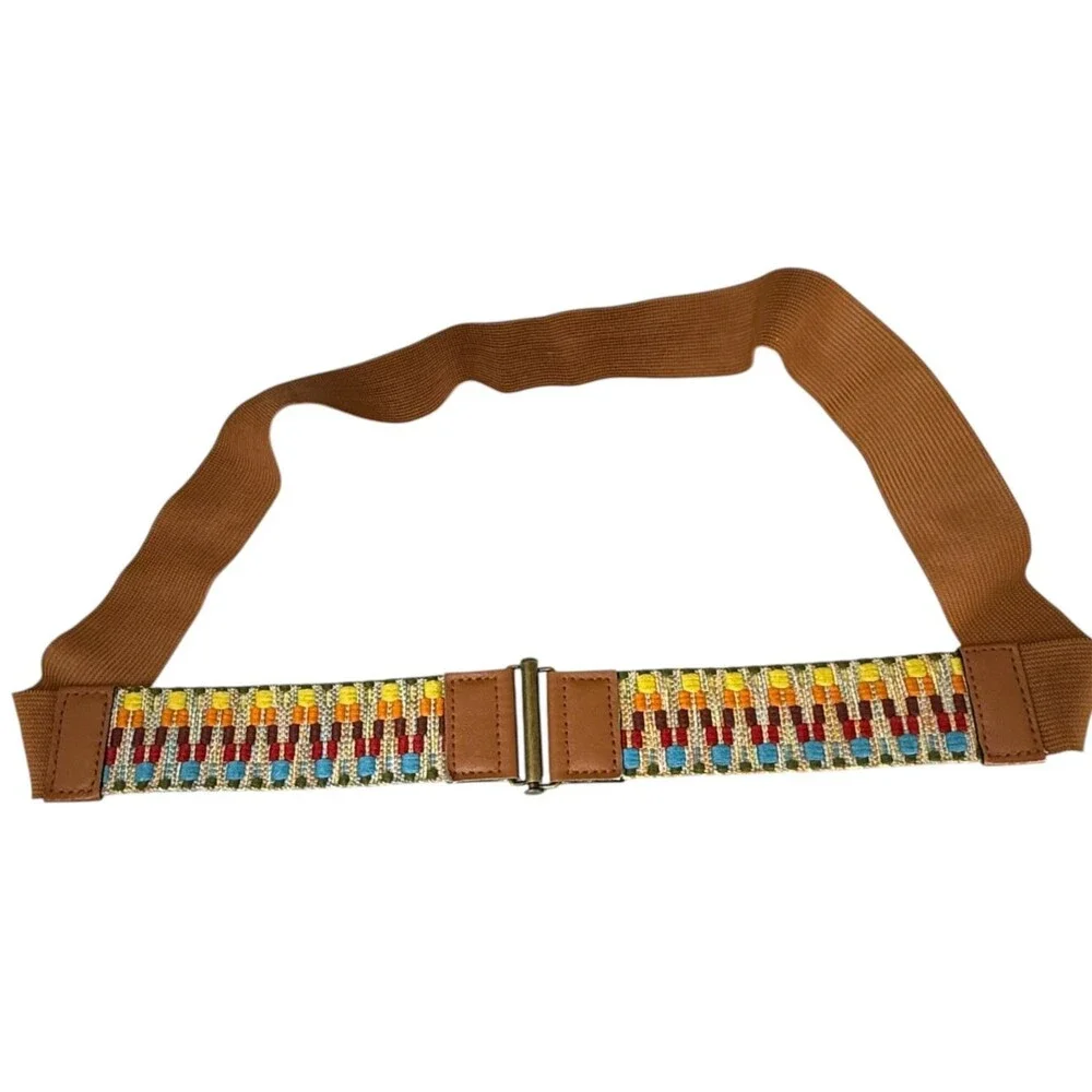 Embroidered Southwestern Rainbow Large Boho Belt Light Brown Hippie Granola Girl
